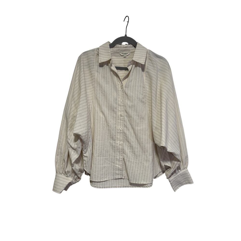 Max Studio London Button Down Shirt Medium Ivory Striped - Picture 2 of 8